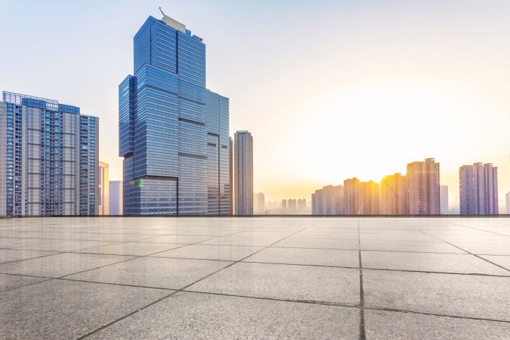 Empty floor and modern building with sunbeam