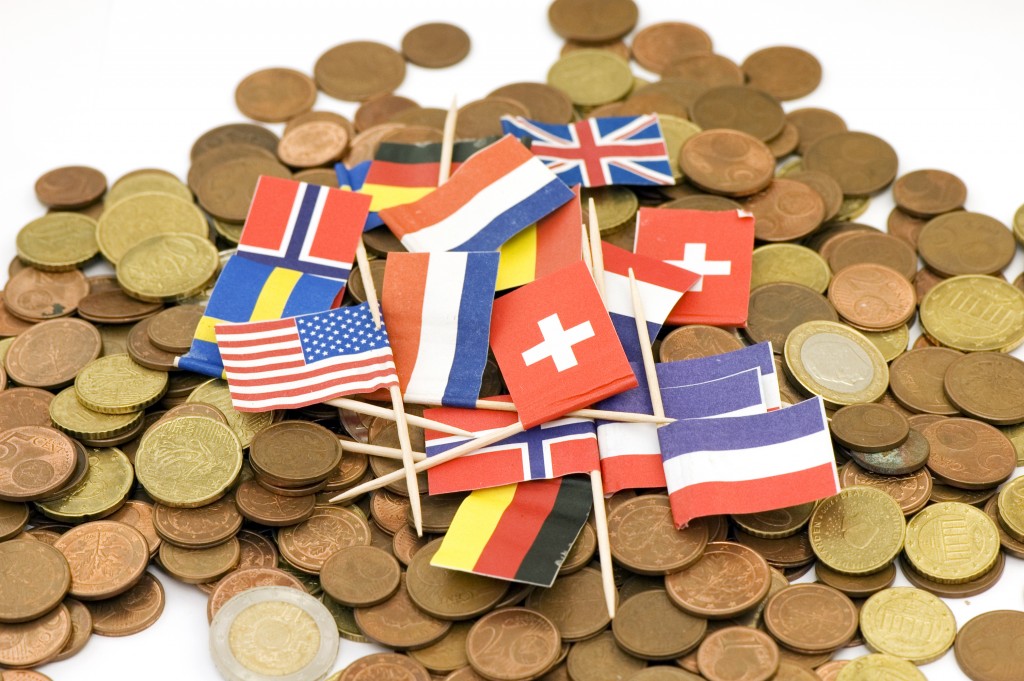 International Flags on euro coins background