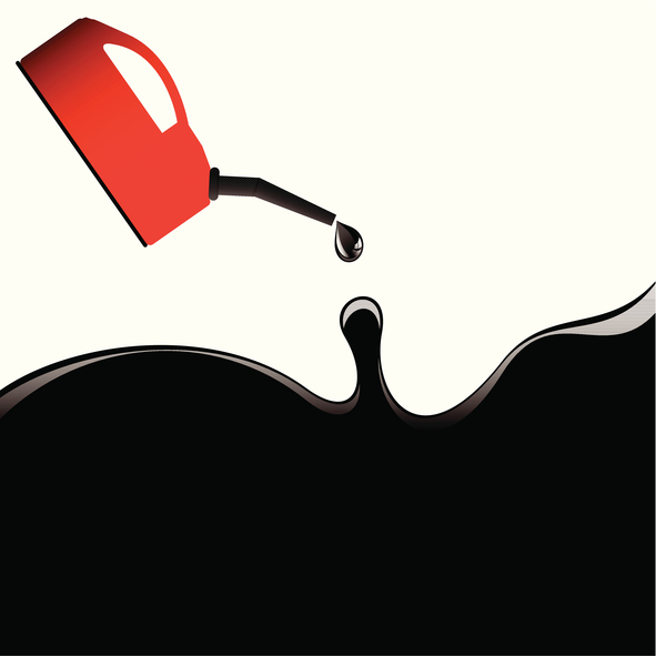 Black oil slick with red petrol can and white background Oil