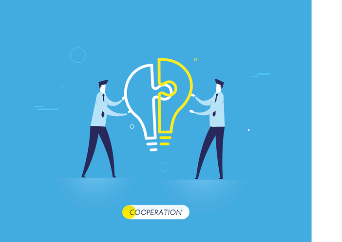 Businessmen connect lamp puzzle. Businessmen connect lamp