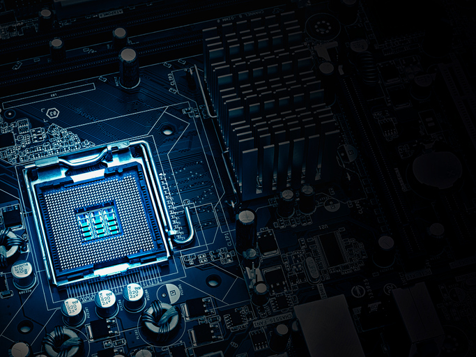 PC motherboard closeup, blue tone