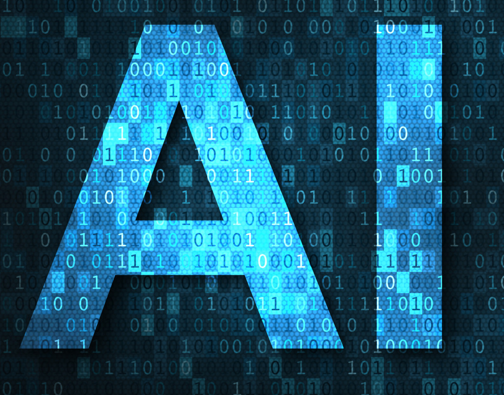 Artificial intelligence illustration with AI over binary code matrix background