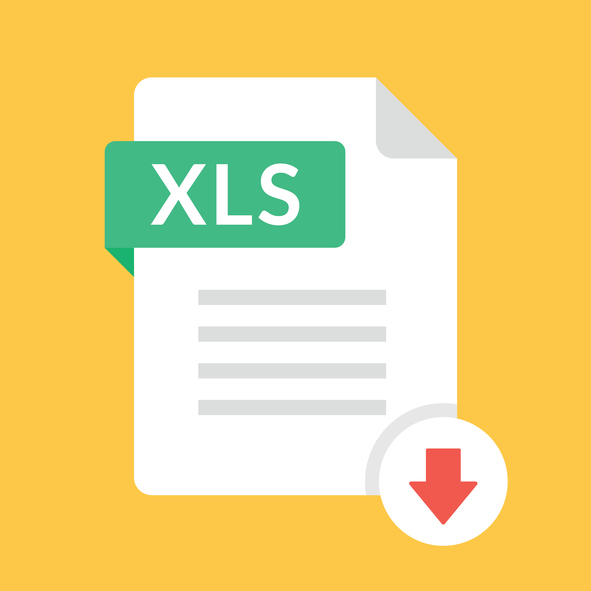 Download XLS icon. File with XLS label and down arrow sign. Spreadsheet file format. Downloading document concept. Flat design vector icon