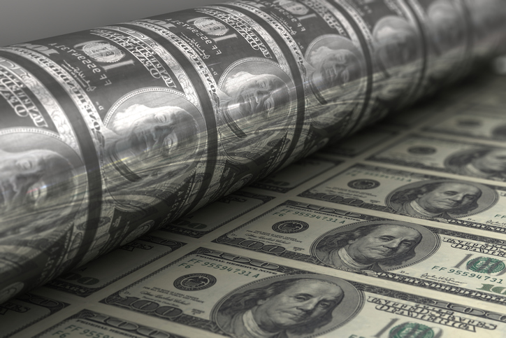 Printing USA dollar bills close up