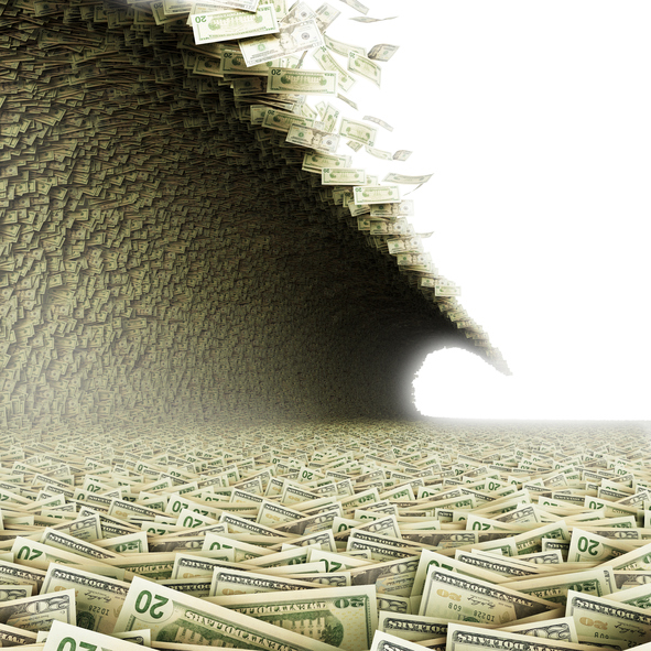 A huge wave carrying paper bills