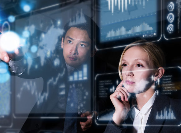 Two business persons in front of futuristic display. Graphical User Interface(GUI). Head up Display(HUD). Internet of things.