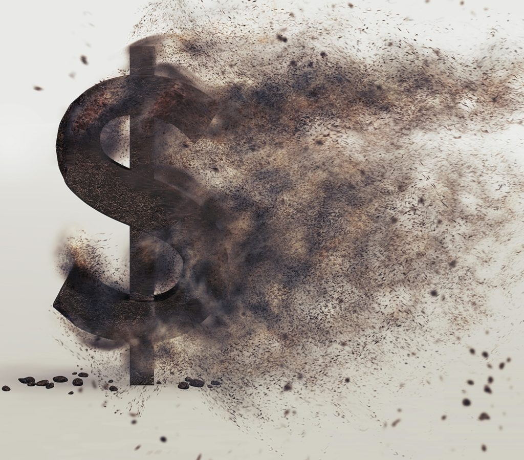 3D render of a dollar sign disloving into dust.