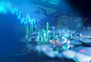 pile of coins on technology financial graph background.
