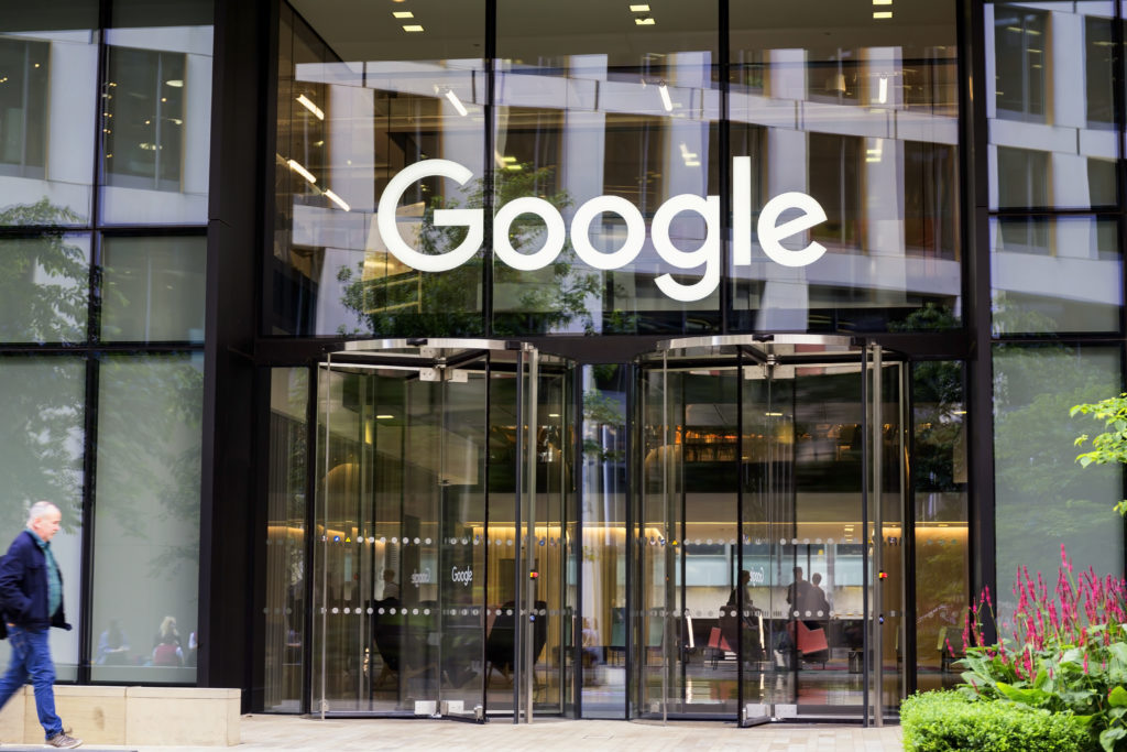 Google headquarters with brand name above entrance in London