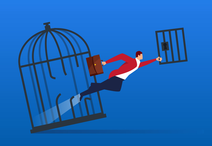Businessman breaks the cage and flies out