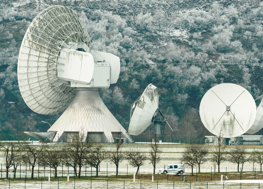 Satellite earth station Fuchsstadt covered in snow
